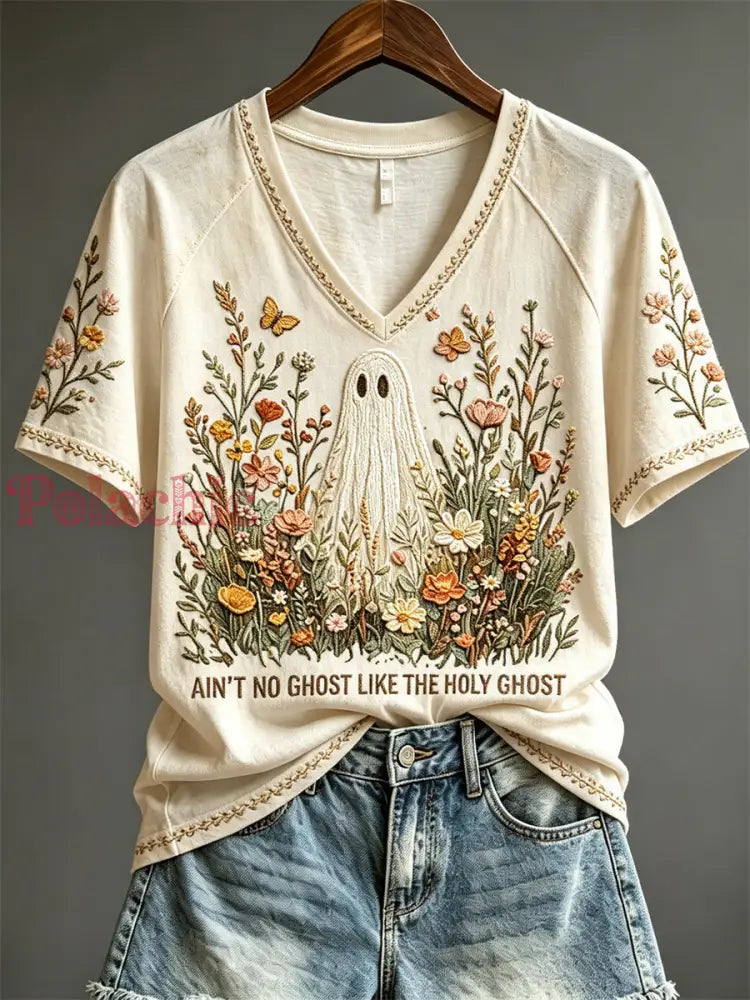 Damska koszulka z krótkim rękawem Ain’t No Ghost Like the Holy Ghost Floral Print - Beżowy / S