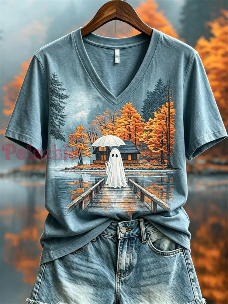 Damska koszulka z krótkim rękawem Lovely Ghost Fall Cottage Landscape Print - Niebieski / S