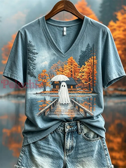 Damska koszulka z krótkim rękawem Lovely Ghost Fall Cottage Landscape Print - Niebieski / S