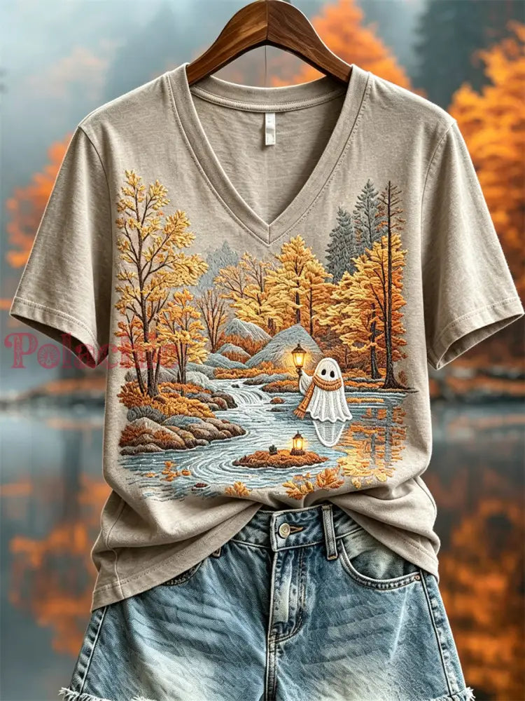 Damska koszulka z krótkim rękawem Lovely Ghost Fall Landscape Print - Kasztanowy / S