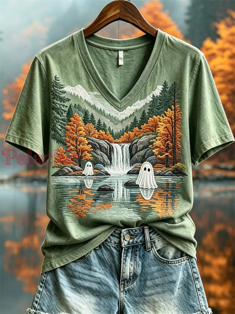 Damska koszulka z krótkim rękawem Lovely Ghosts Fall Landscape Print - Zielony / S