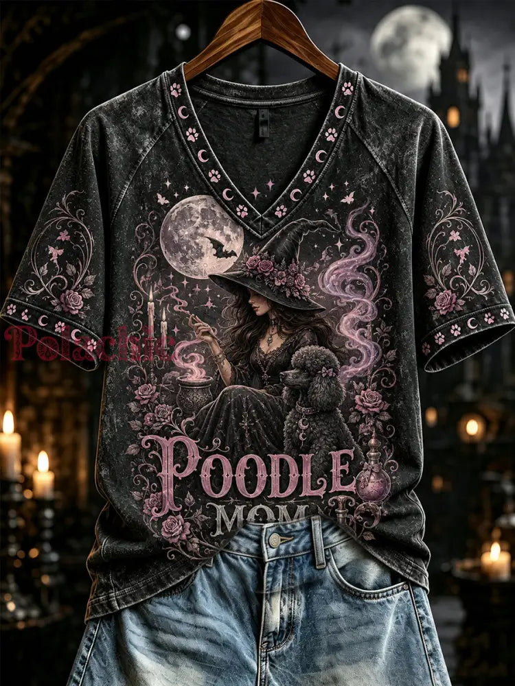 Damska koszulka z krótkim rękawem Pudel Mom Witch Print V - Czarny / S