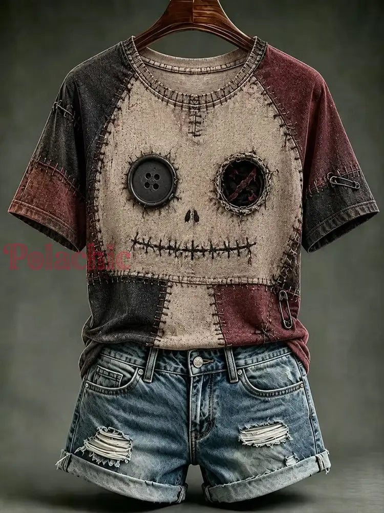 Damska koszulka z nadrukiem patchworku na Halloween - Off-biały / S