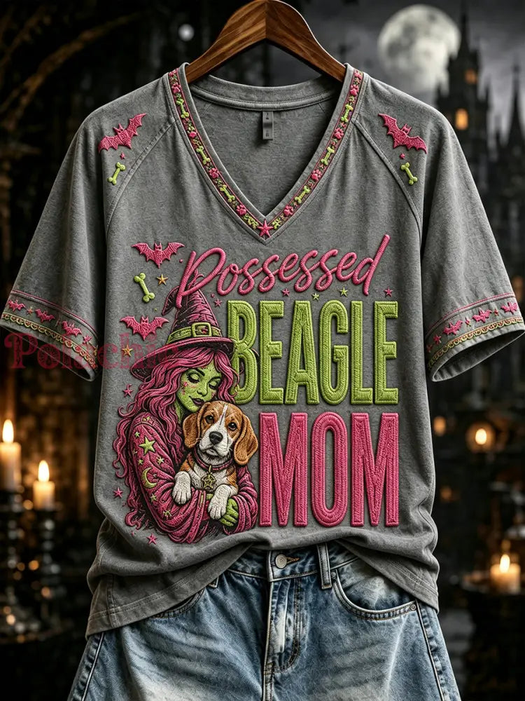 Damska opętana koszulka Beagle Mom Print z dekoltem w serek T-shirt z krótkim rękawem - Średni szary / S