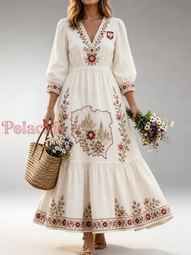 Damska Polska Retro Casual Bawełna-Sukienka Lniana - A / S