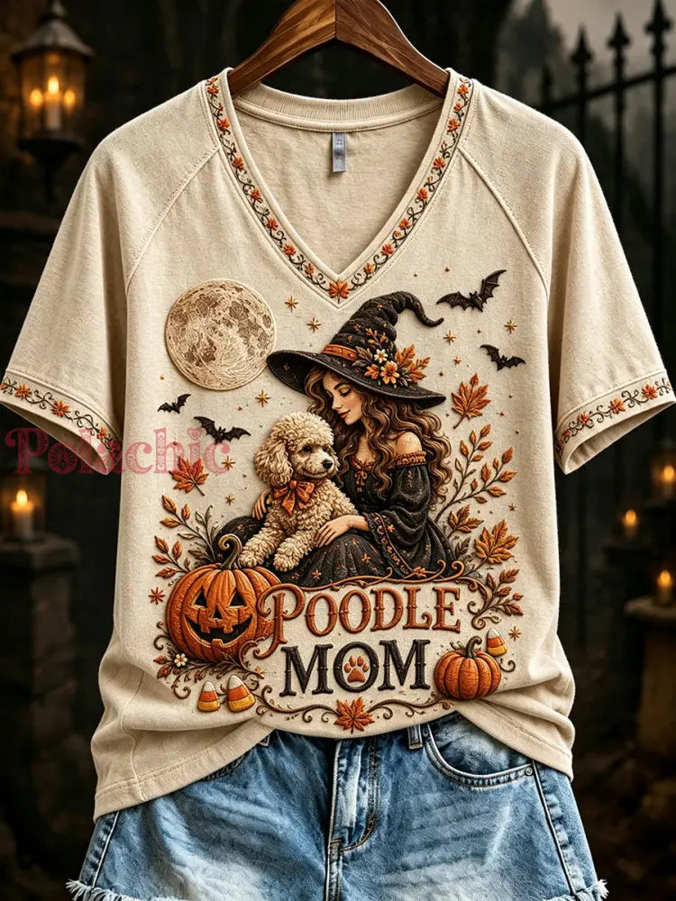 Damska pudel czarownica mama halloween nadruk z dekoltem w serek T-shirt z krótkim rękawem - Beżowy / S