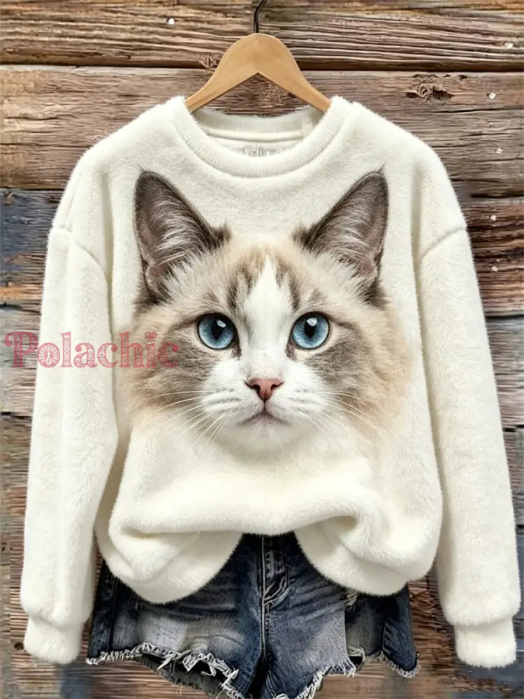 Damska Ragdoll Cat Face Print Przytulna flanelowa bluza - Biały / S