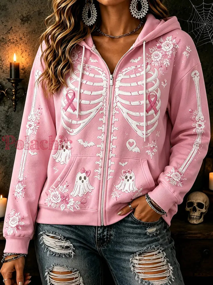 Damska różowa wstążka kwiatowy szkielet Ghost Print Comfy Zip-Up Bluza z kapturem - Różowy / S