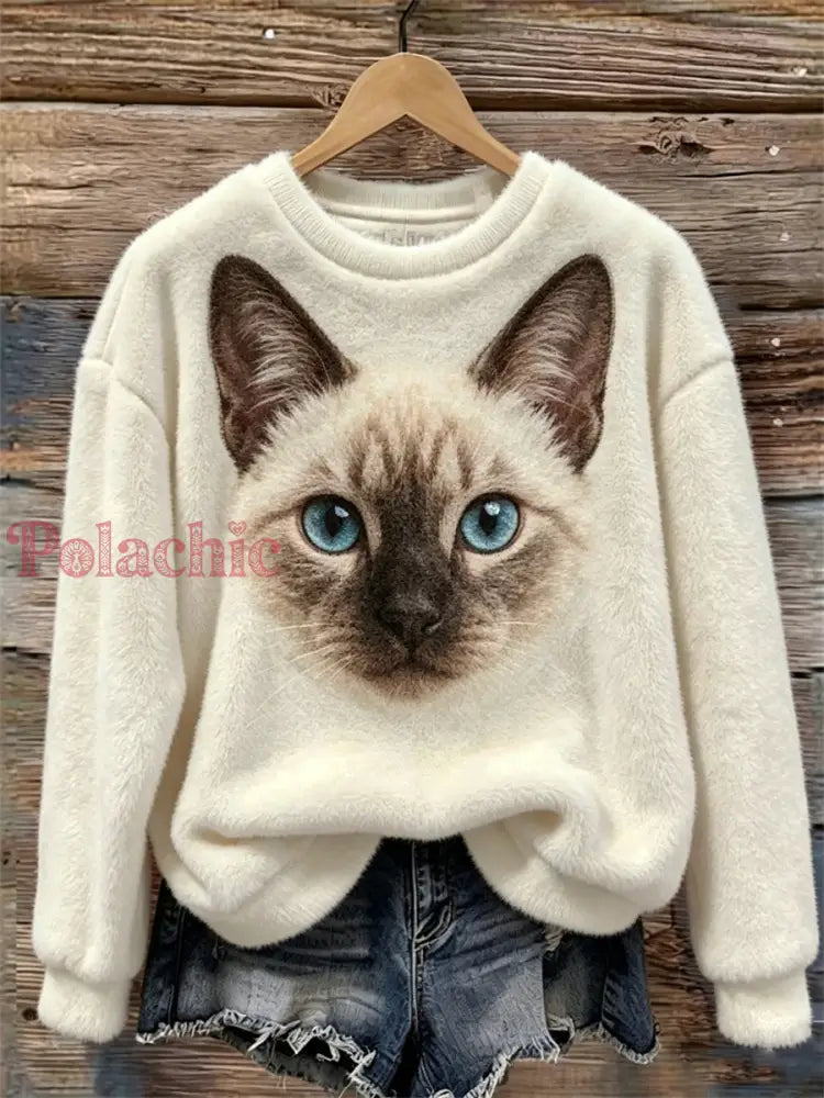 Damska Siamese Cat Face Print Przytulna flanelowa bluza - Kremowo-biały / S