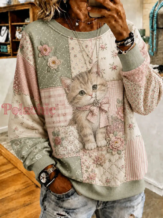 Damska śliczna bluza Patchwork Cat Print Casual - Jak na zdjęciu / S