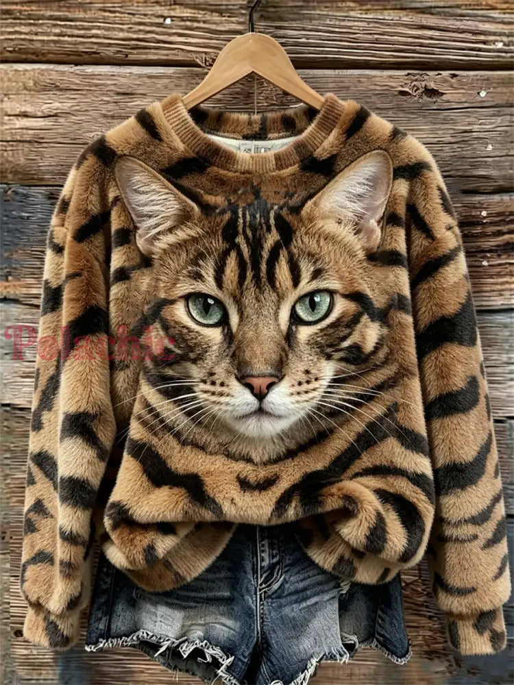 Damska tabby cat twarz i wzór z nadrukiem Przytulna flanelowa bluza - Brązowy / S