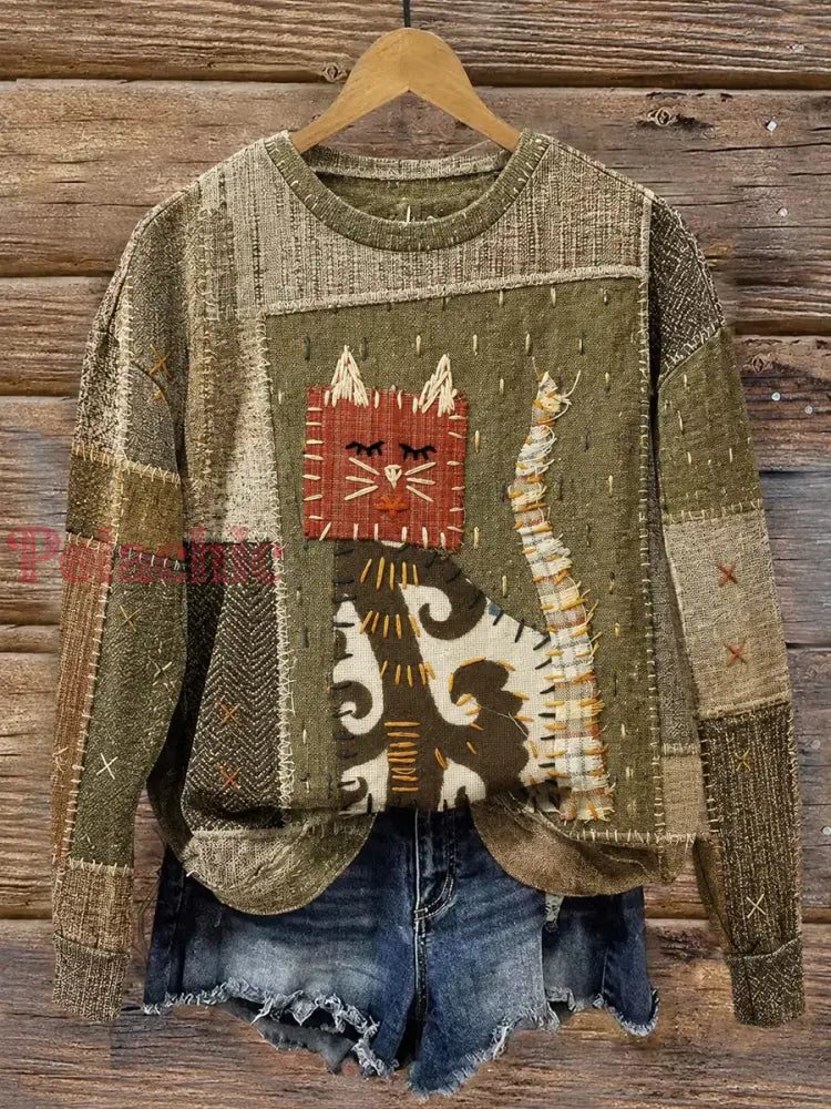 Damska tkanina artystyczna w stylu vintage bluza z nadrukiem kota - Jak na zdjęciu / S