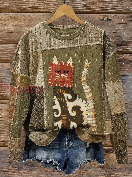 Damska tkanina artystyczna w stylu vintage bluza z nadrukiem kota - Jak na zdjęciu / S