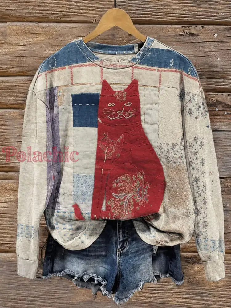 Damski bluza z tkaniny w stylu vintage z nadrukiem kota - Jak na zdjęciu / S