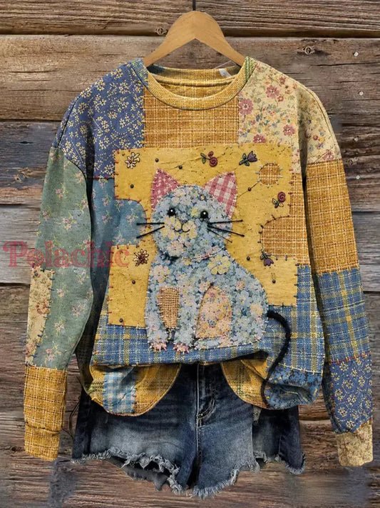 Damski bluza z tkaniny w stylu vintage z nadrukiem kota - Jak na zdjęciu / S