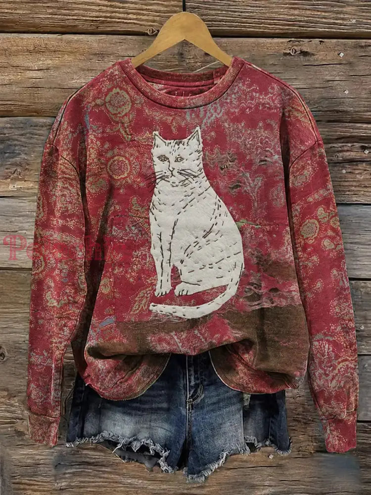 Damski bluza z tkaniny w stylu vintage z nadrukiem kota - Jak na zdjęciu / S