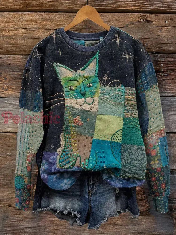 Damski bluza z tkaniny w stylu vintage z nadrukiem kota - Jak na zdjęciu / S