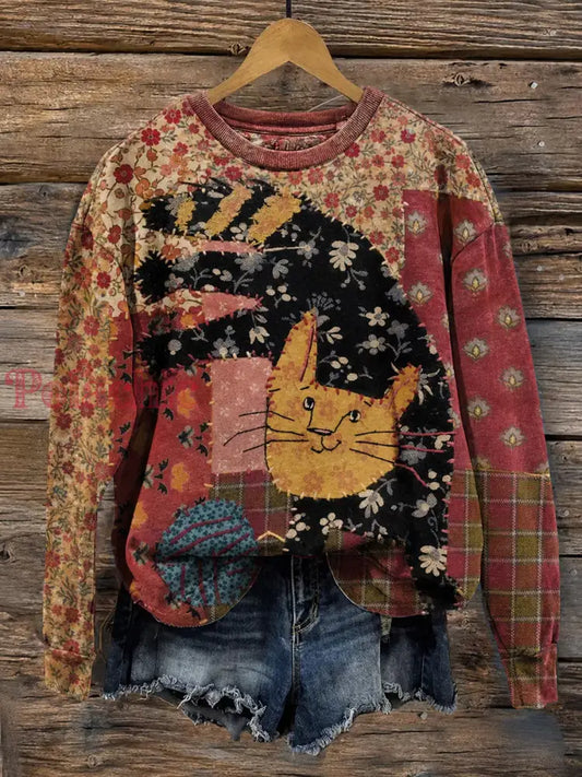 Damski bluza z tkaniny w stylu vintage z nadrukiem kota - Jak na zdjęciu / S
