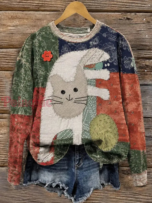 Damski bluza z tkaniny w stylu vintage z nadrukiem kota - Jak na zdjęciu / S