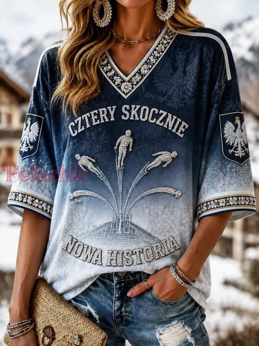 Damski Cztery Skocznie Nowa Historia V_Necks Top - Jak na zdjęciu / S