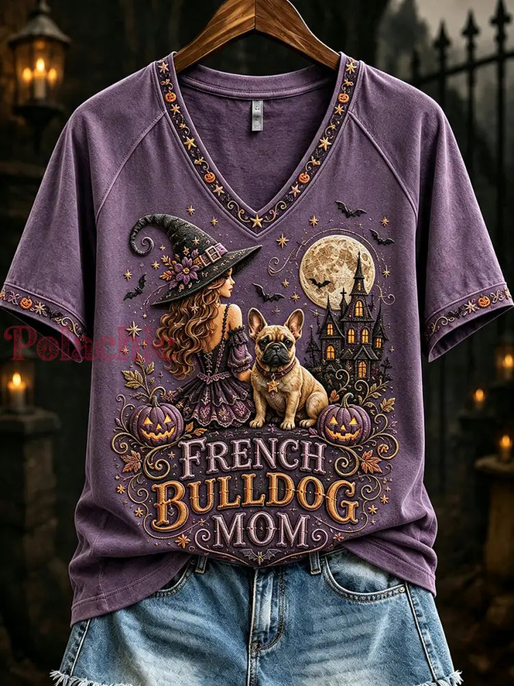 Damski francuski buldog czarownica mama halloween print dekolt z krótkim rękawem T-shirt - Fioletowy / S