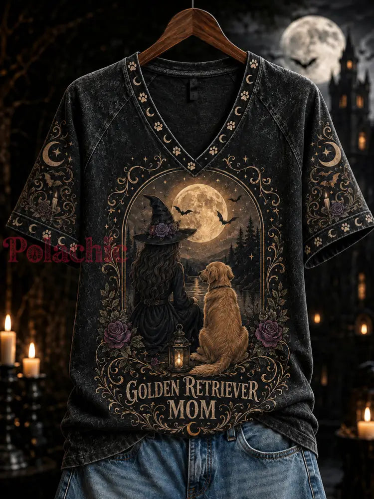 Damski Halloweenowy Golden Retriever Mom Witch Print T-shirt z krótkim rękawem - Czarny / S