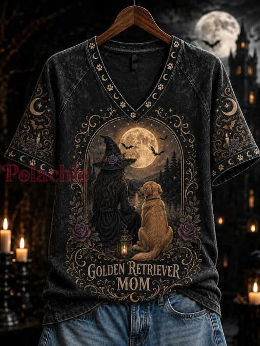 Damski Halloweenowy Golden Retriever Mom Witch Print T-shirt z krótkim rękawem - Czarny / S
