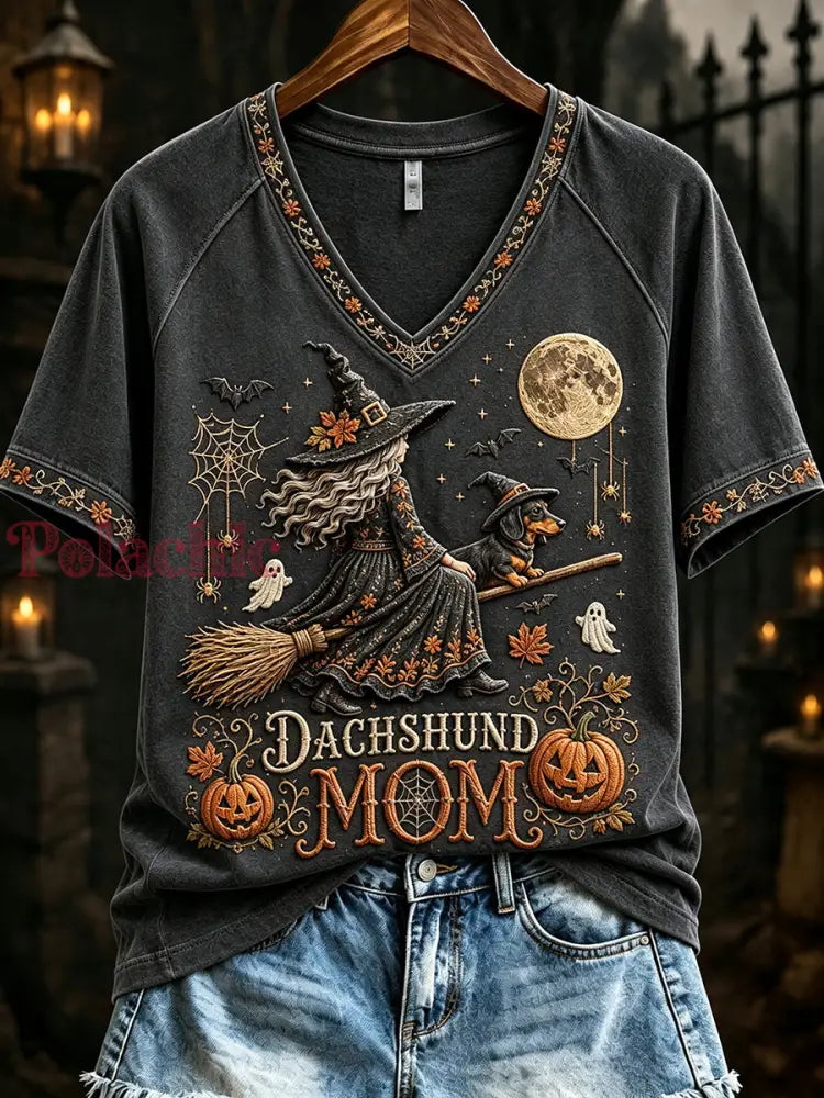 Damski jamnik czarownica mama halloween nadruk z dekoltem w serek T-shirt z krótkim rękawem - Ciemny Szary / S