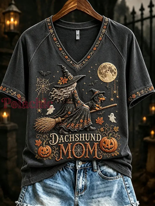 Damski jamnik czarownica mama halloween nadruk z dekoltem w serek T-shirt z krótkim rękawem - Ciemny Szary / S