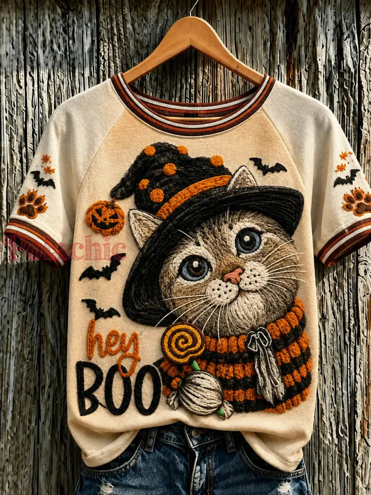 Damski koszulka na Halloween z nadrukiem zwierzęcym – kot w stylu vintage luźna z krótkim rękawem - Morela / S