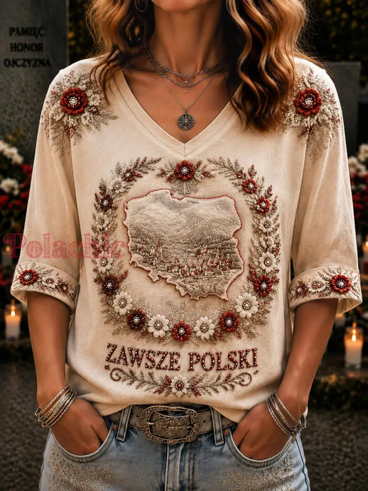 Damski koszulka w stylu retro z motywem mapy „Chwała Polski” i dekoltem w kształcie litery V na co dzień - Jak na