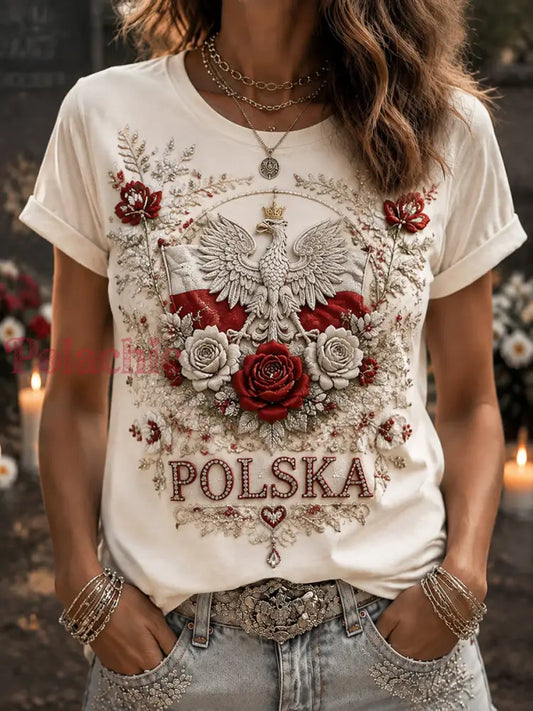 Damski koszulka w stylu retro z polskim orłem i kwiatowym wzorem - Jak na zdjęciu / S