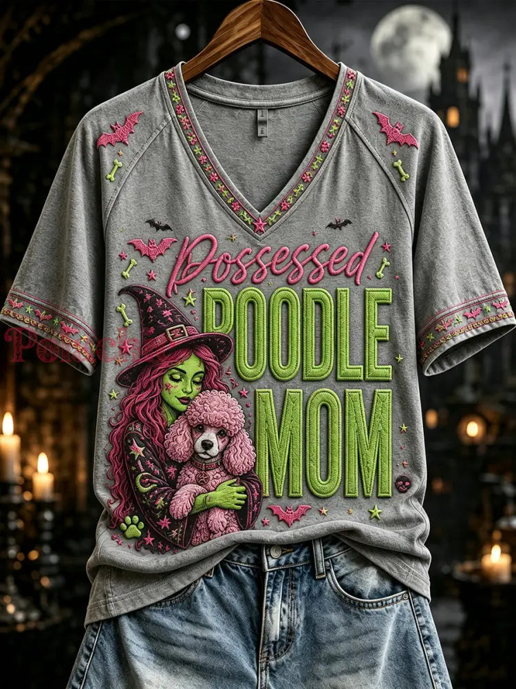 Damski opętany pudel mama nadruk z dekoltem w serek T-shirt z krótkim rękawem - Szary / S