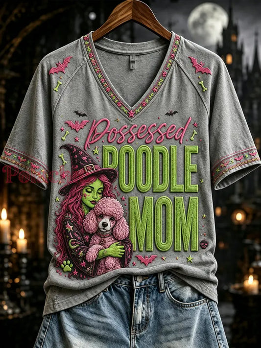 Damski opętany pudel mama nadruk z dekoltem w serek T-shirt z krótkim rękawem - Szary / S