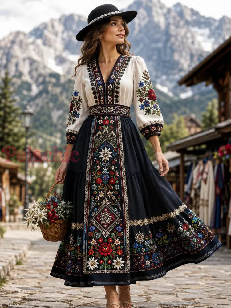 Damski Polski Górski Festiwal Folklorystyczny Retro Casualowa Bawełniowo-Lniana Sukienka - A / S
