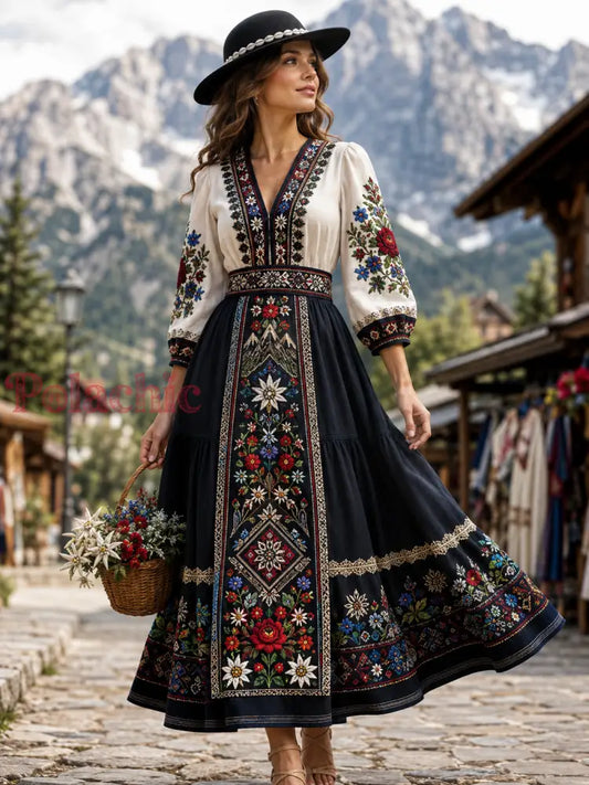 Damski Polski Górski Festiwal Folklorystyczny Retro Casualowa Bawełniowo-Lniana Sukienka - A / S