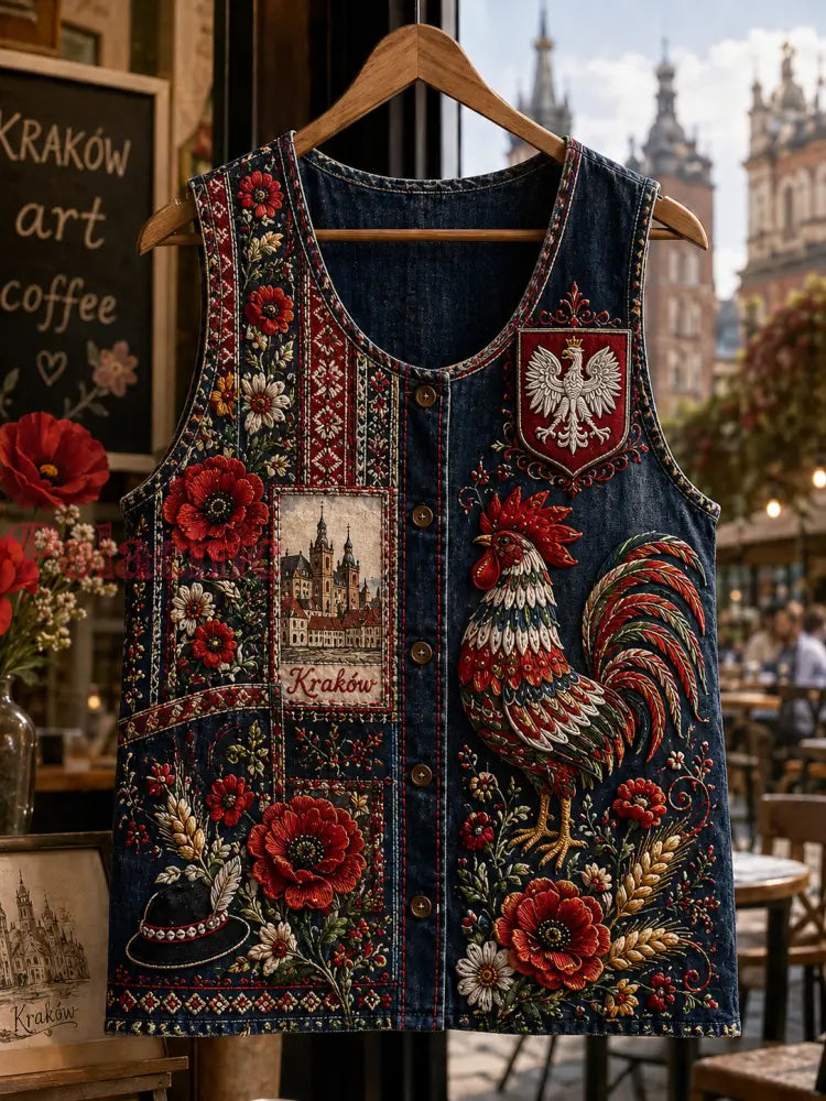 Damski polski kamizelka w stylu retro z kwiatowym motywem etnicznym - A / S