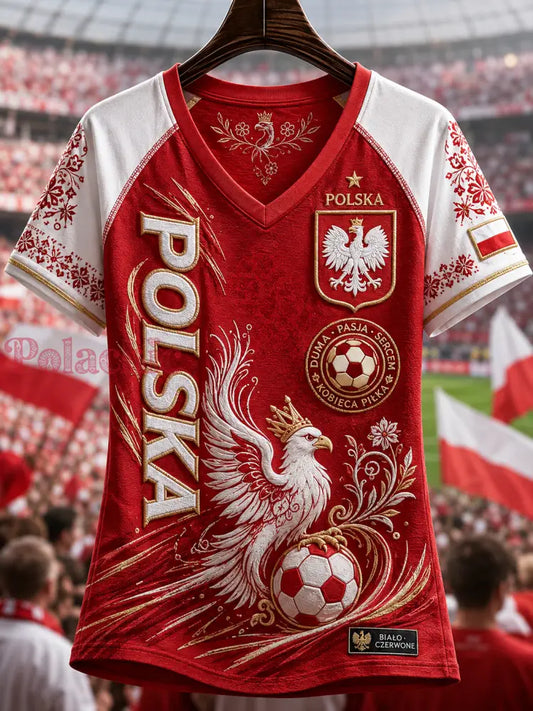 Damski polski t-shirt z dekoltem w serek i odkrytymi ramionami z krótkim rękawem - A / S