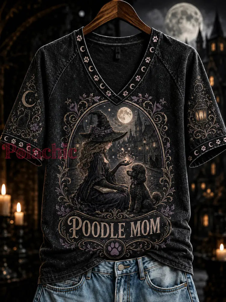 Damski t-shirt na Halloween z nadrukiem puszystej mamy-wiedźmy dekolt w szpic krótkie rękawy - Czarny / S