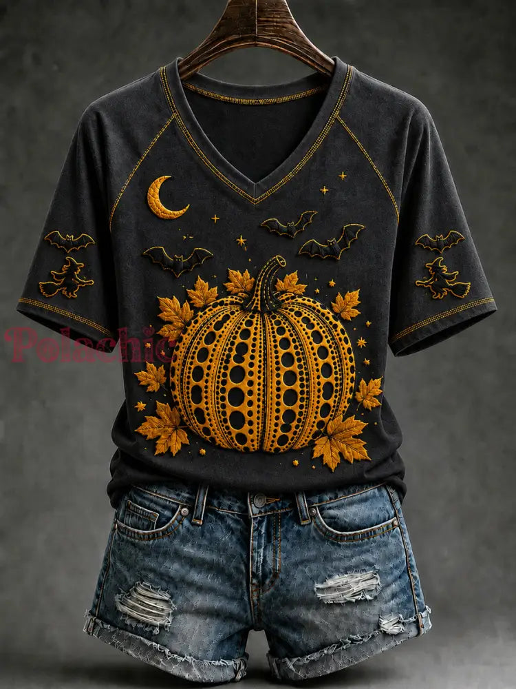 Damski t-shirt na jesień z motywem dyni halloweenowej i krótkim rękawem - Jak na zdjęciu / S