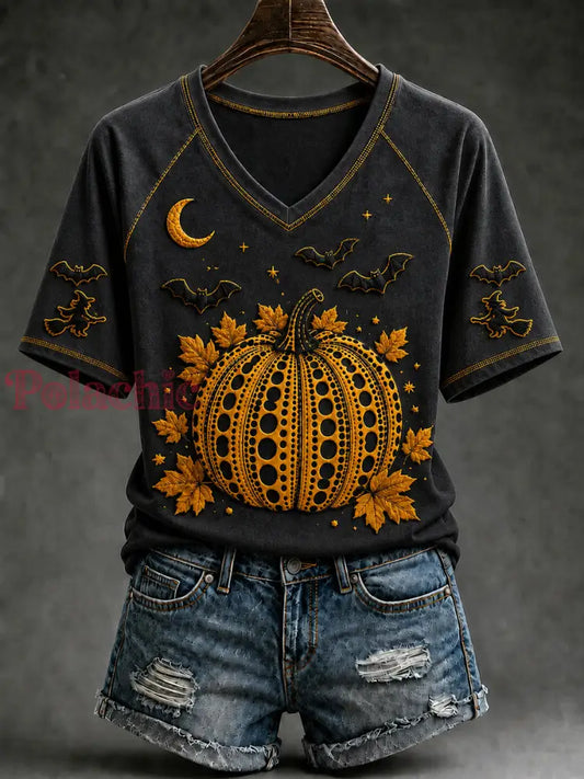 Damski t-shirt na jesień z motywem dyni halloweenowej i krótkim rękawem - Jak na zdjęciu / S