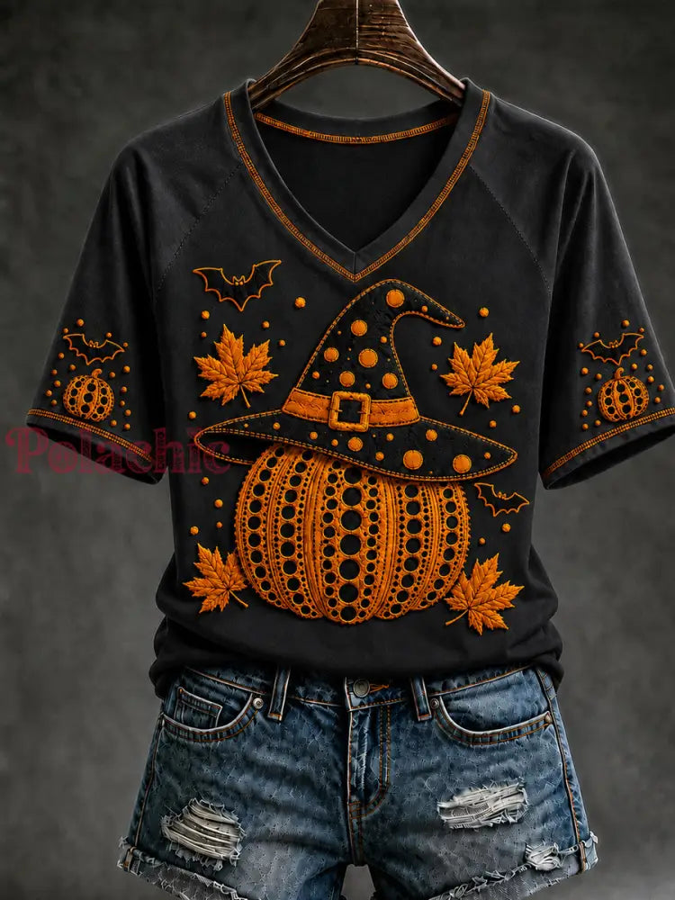 Damski t-shirt na jesień z motywem dyni halloweenowej i krótkim rękawem - Jak na zdjęciu / S