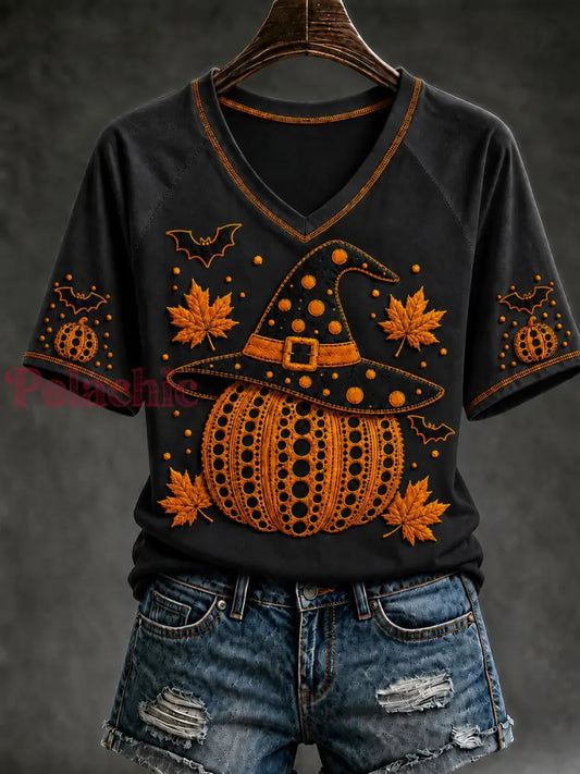 Damski t-shirt na jesień z motywem dyni halloweenowej i krótkim rękawem - Jak na zdjęciu / S
