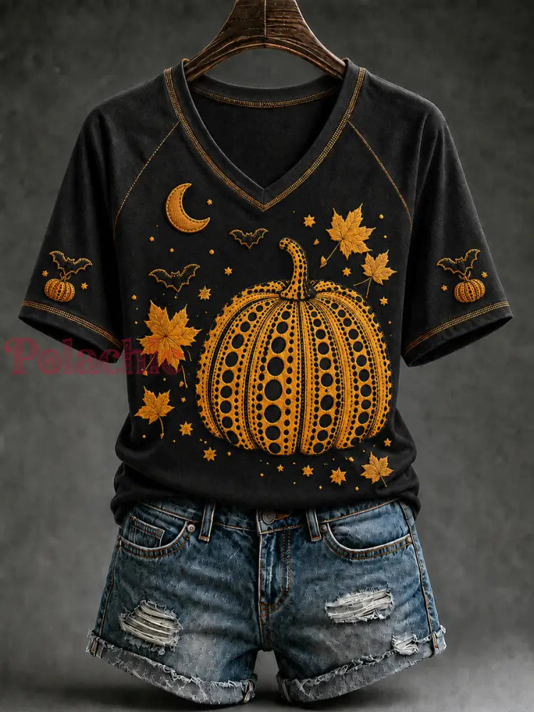 Damski t-shirt na jesień z motywem dyni halloweenowej i krótkim rękawem - Jak na zdjęciu / S
