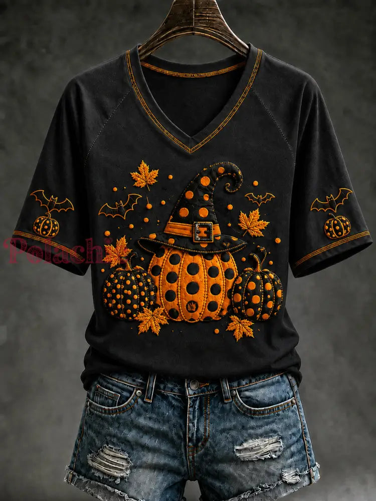 Damski t-shirt na jesień z motywem dyni halloweenowej i krótkim rękawem - Jak na zdjęciu / S