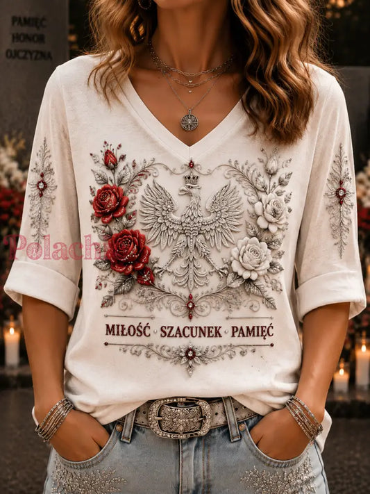 Damski t-shirt w stylu retro z polskim motywem okolicznościowym na co dzień z dekoltem w kształcie litery V - Jak na