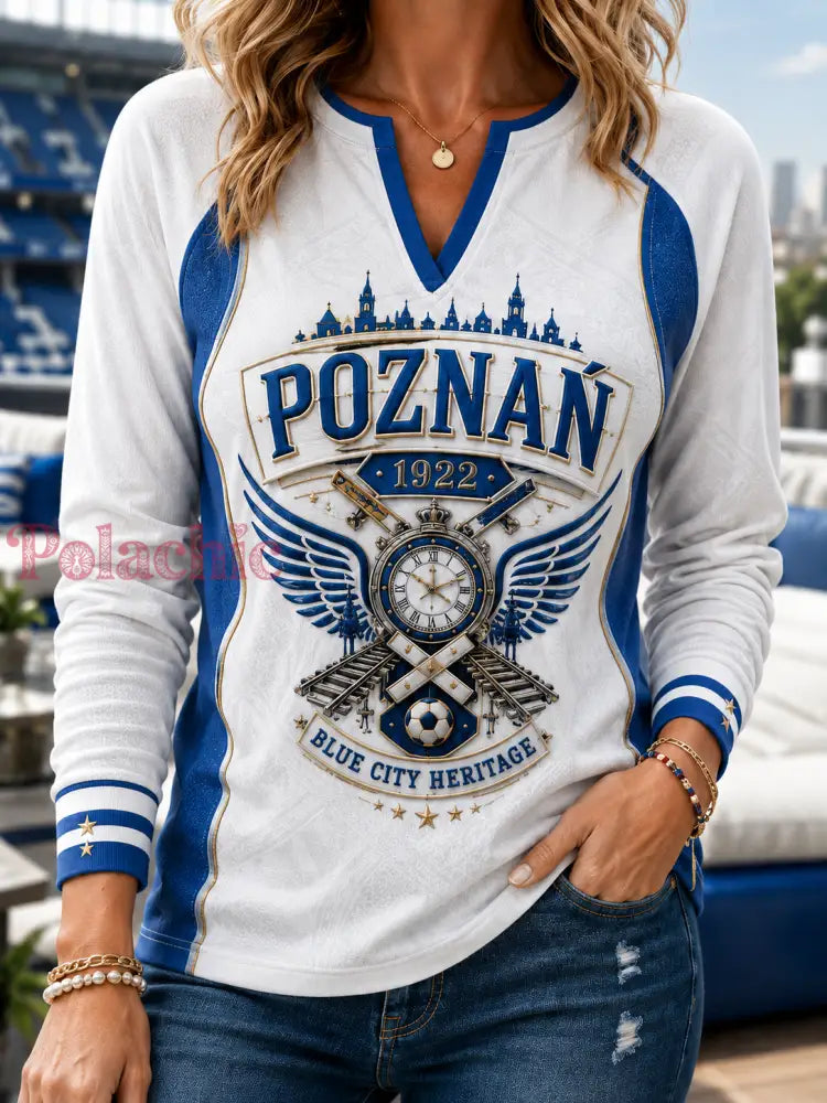 Damski t-shirt z bawełny i lnu w polskie piłkarskie wzory z długim rękawem - A / S