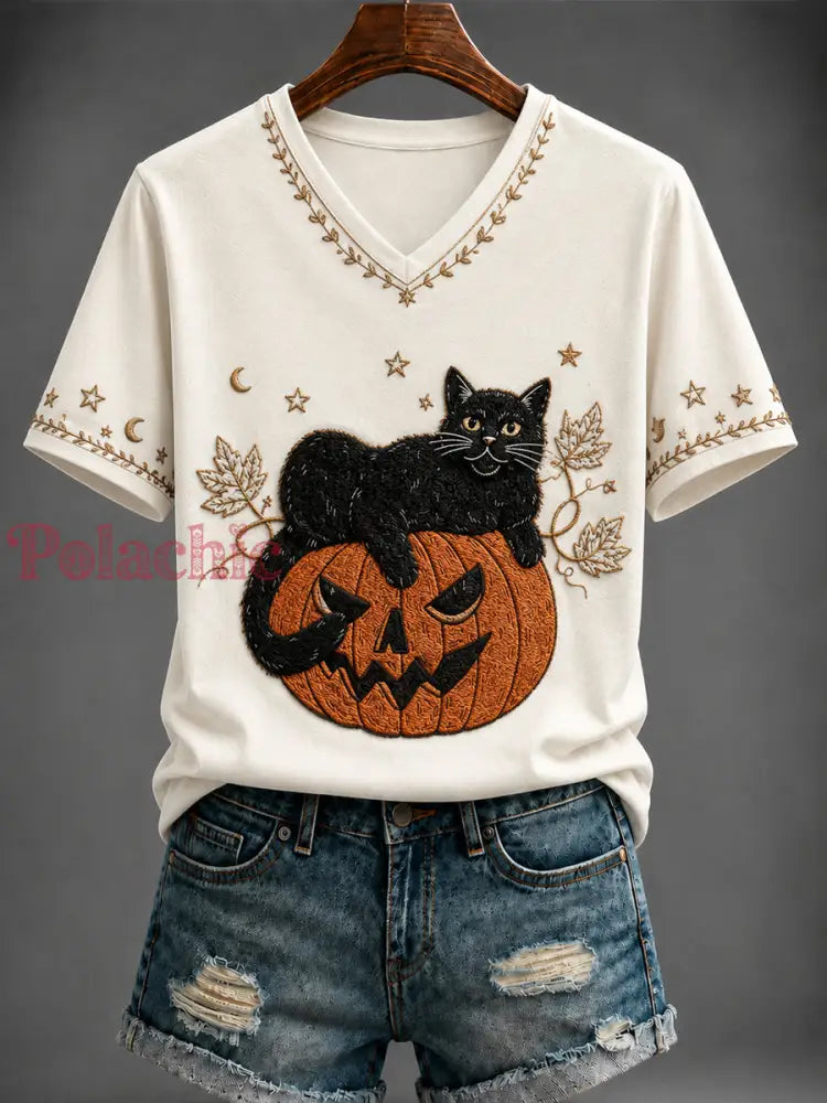 Damski t-shirt z nadrukiem dyni na Halloween i dekoltem w kształcie litery V - Jak na zdjęciu / S