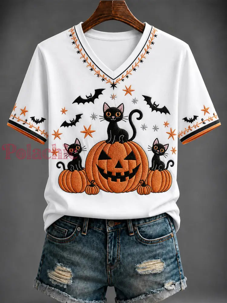 Damski t-shirt z nadrukiem dyni na Halloween i dekoltem w kształcie litery V - Jak na zdjęciu / S