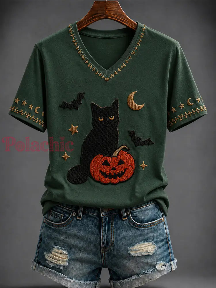 Damski t-shirt z nadrukiem dyni na Halloween i dekoltem w kształcie litery V - Jak na zdjęciu / S